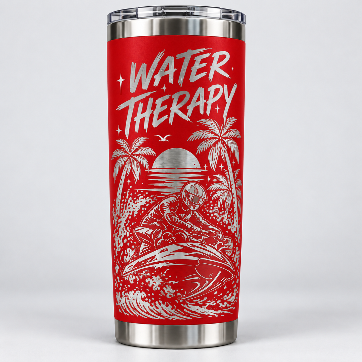 Water Therapy laser-engraved jet ski tumbler in red with palm trees, sunset and jet ski rider
