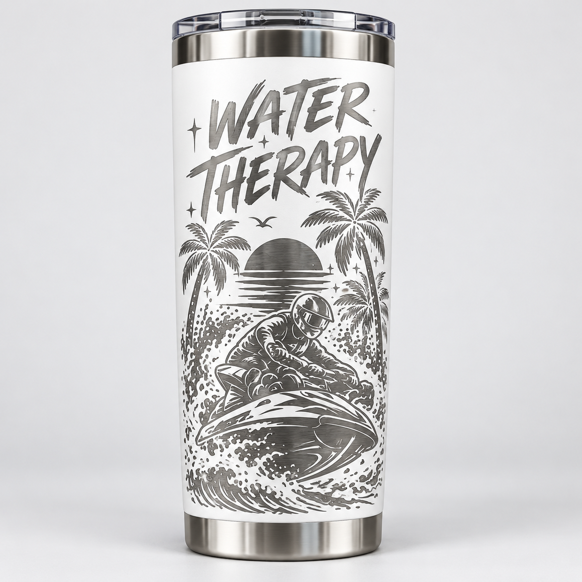 Water Therapy laser-engraved jet ski tumbler in white with palm trees, sunset and jet ski rider