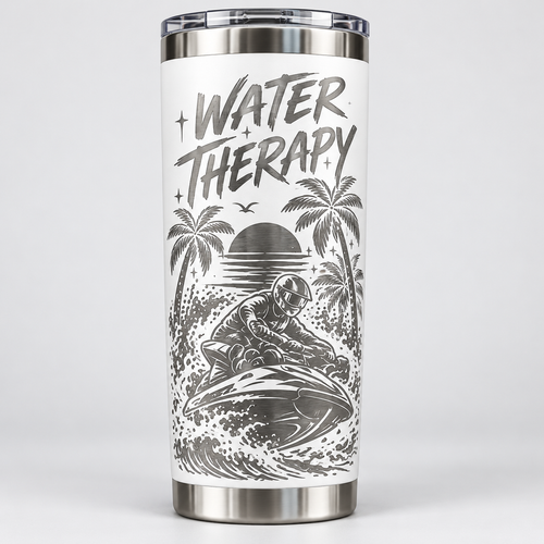 Water Therapy laser-engraved jet ski tumbler in white with palm trees, sunset and jet ski rider
