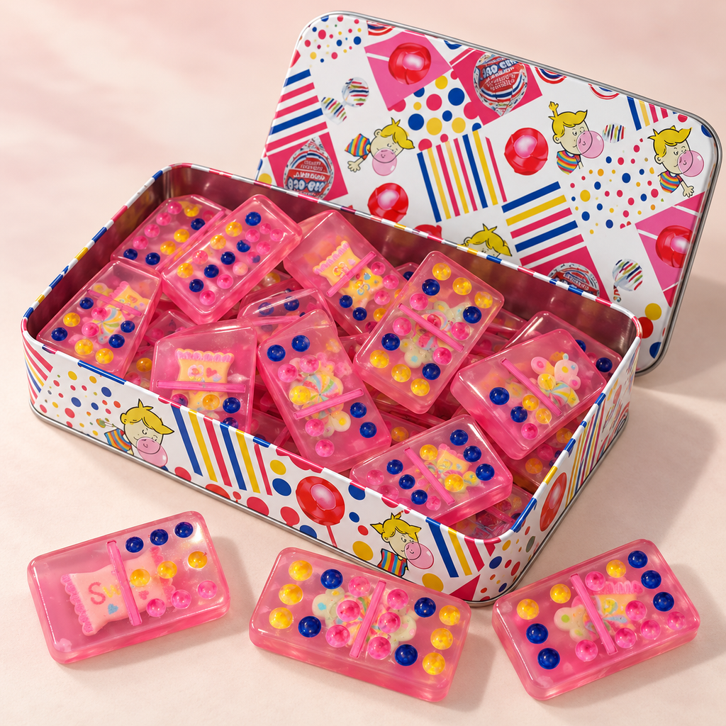 Pink candy resin domino set in a Blow Pop gift tin