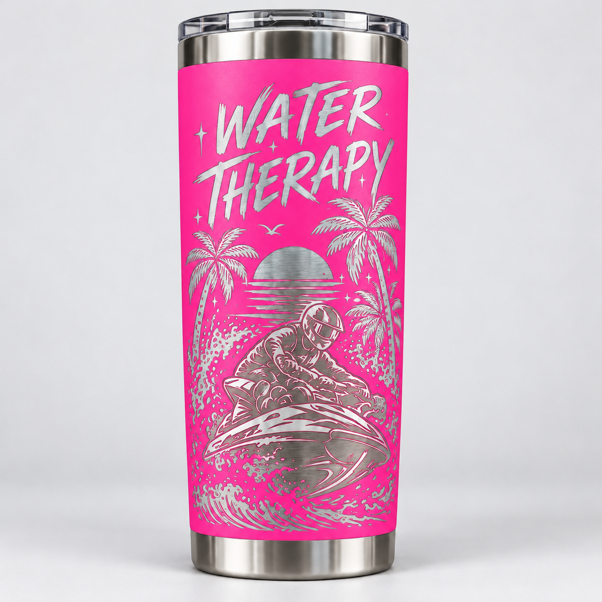 Water Therapy laser-engraved jet ski tumbler in pink with palm trees, sunset and jet ski rider