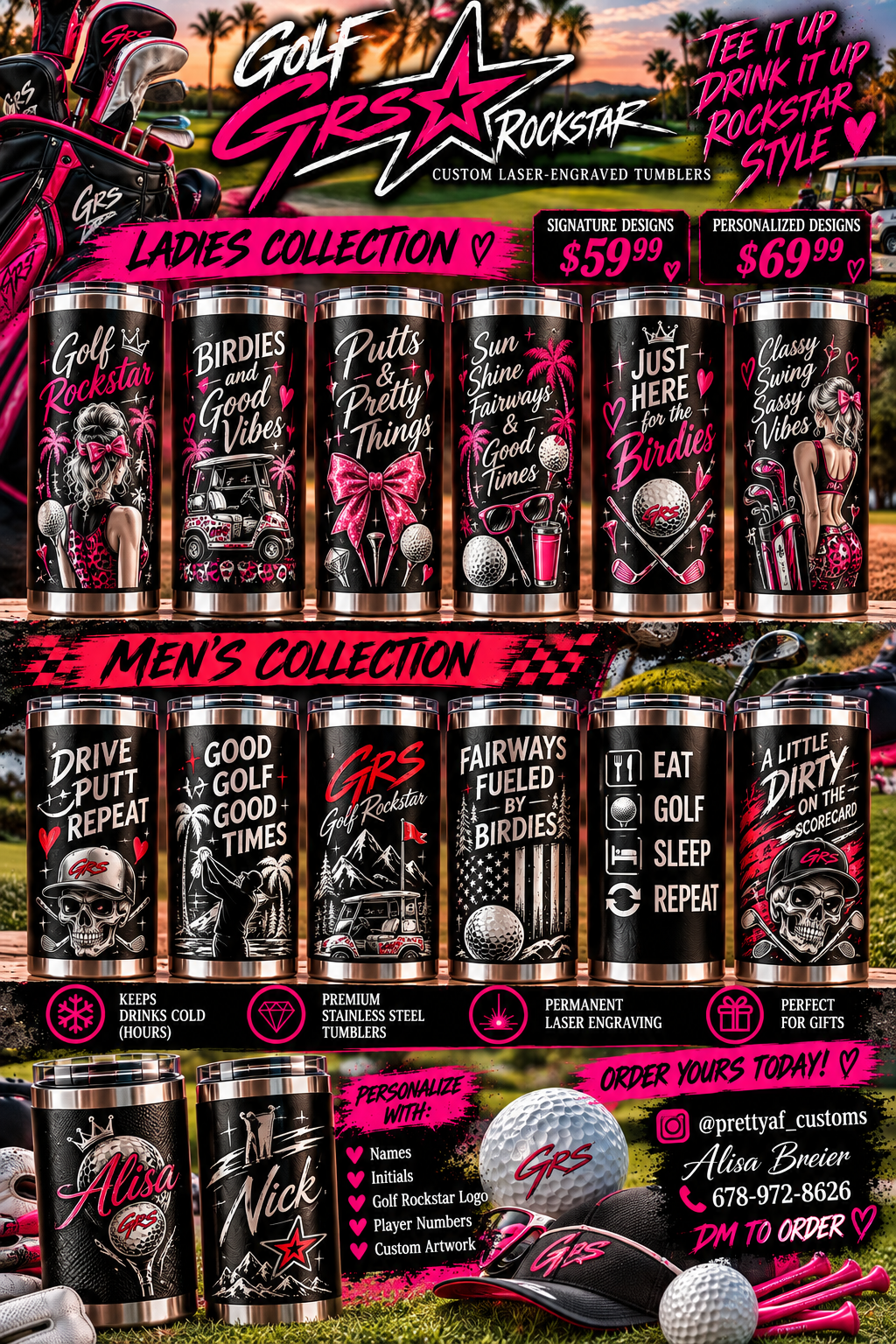 GRS Golf Rockstar laser-engraved tumblers, ladies and men's design collections with name personalization examples