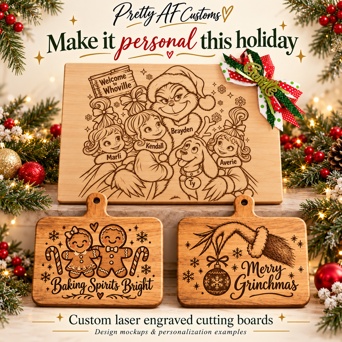 Custom laser-engraved holiday cutting boards by Pretty AF Customs