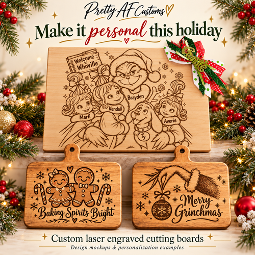 Custom laser-engraved holiday cutting boards by Pretty AF Customs