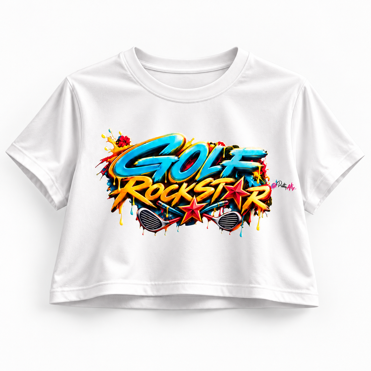 GRS women's white crop top with colorful Golf Rockstar graffiti design