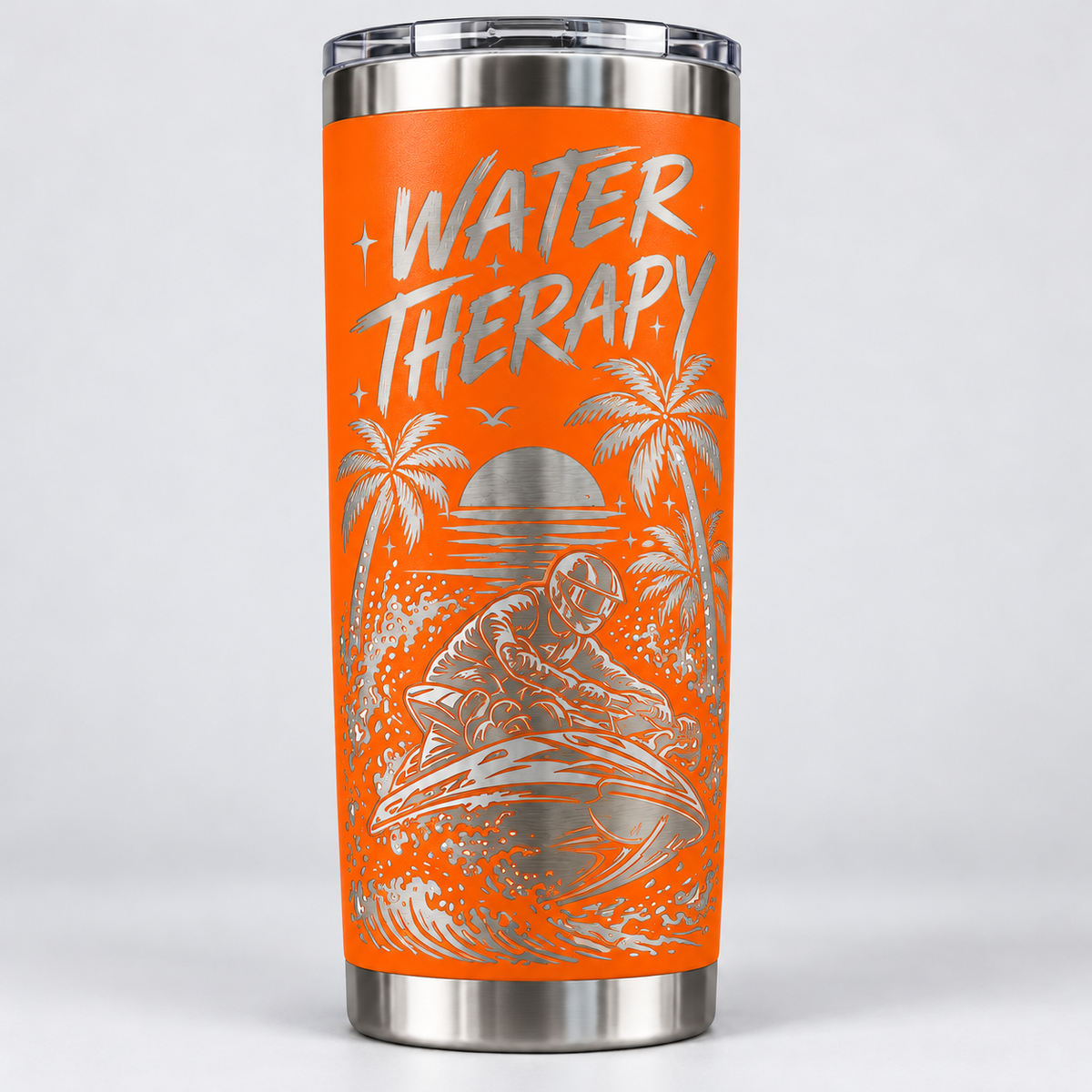 Water Therapy laser-engraved jet ski tumbler in orange with palm trees, sunset and jet ski rider