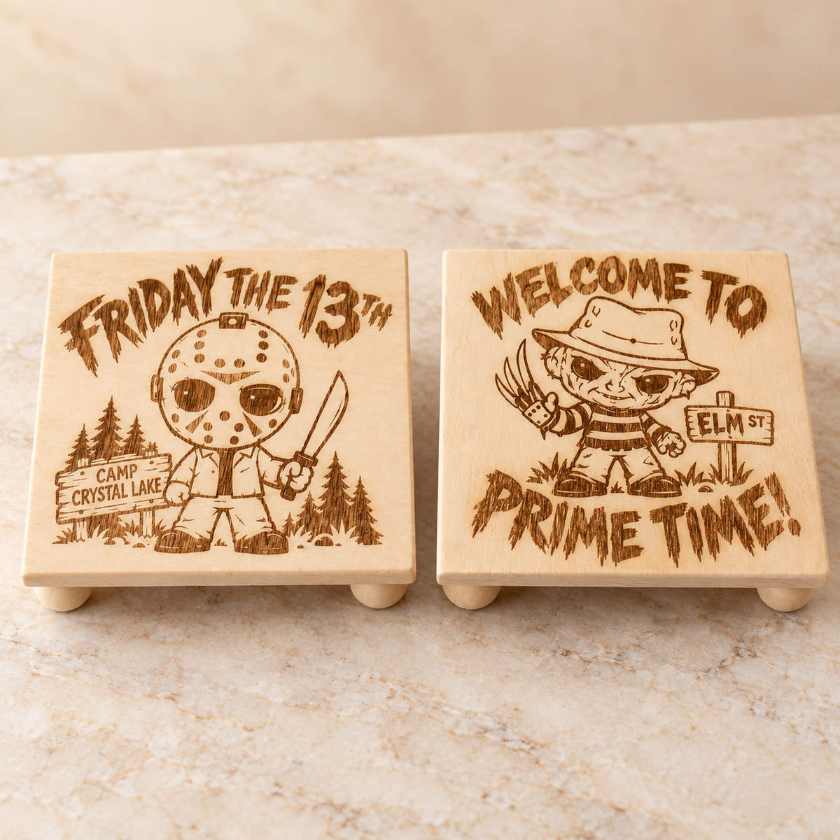 Friday the 13th and Elm Street engraved wood coasters