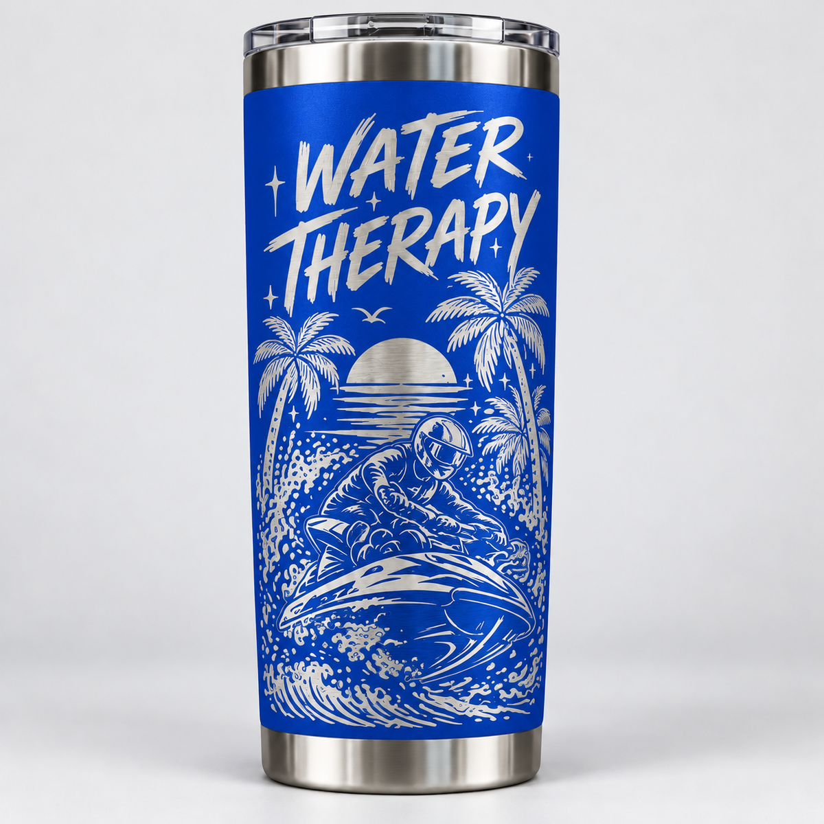 Water Therapy laser-engraved jet ski tumbler in blue with palm trees, sunset and jet ski rider