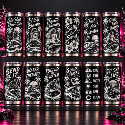 Twelve black laser-engraved jet ski tumbler designs including Lake Hair Don't Care, Throttle Therapy, Send It and Jet Ski Life