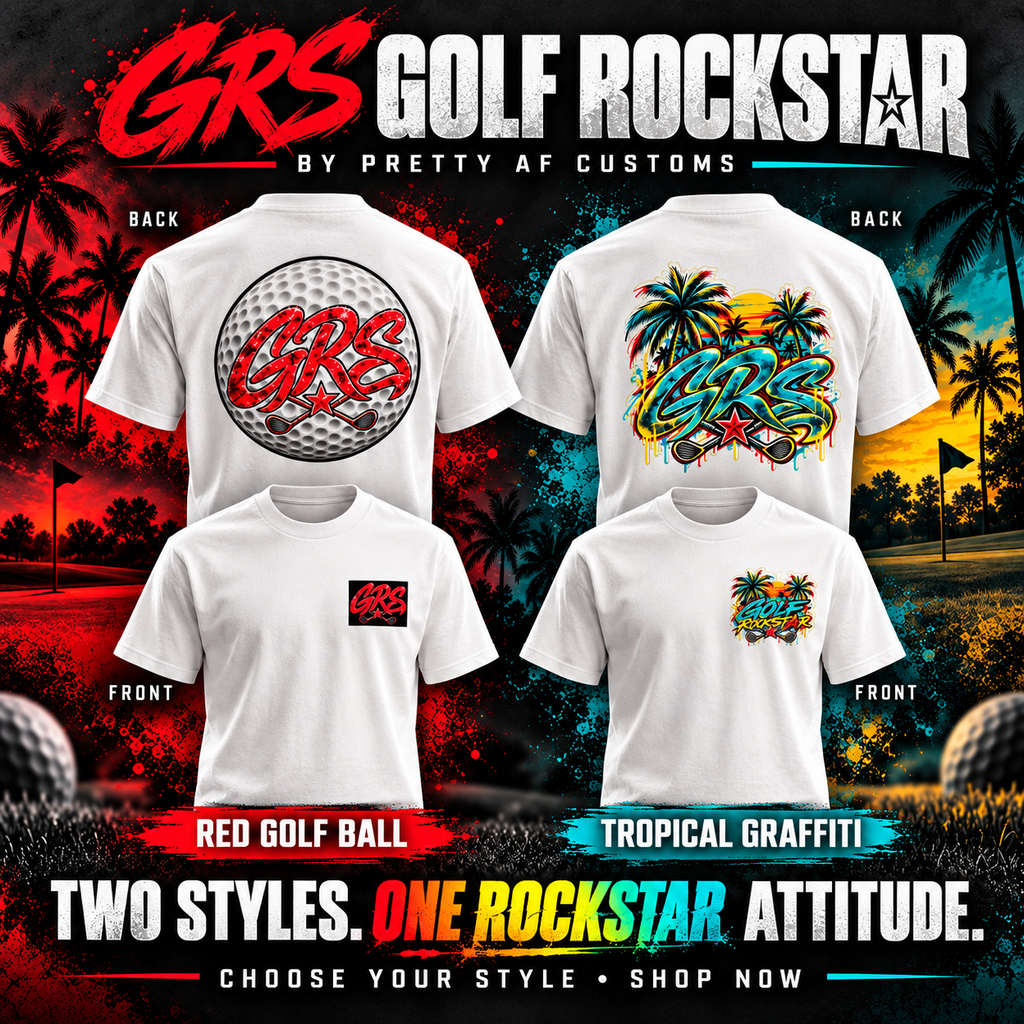 GRS Golf Rockstar white tees by Pretty AF Customs in Red Golf Ball and Tropical Graffiti, front and back