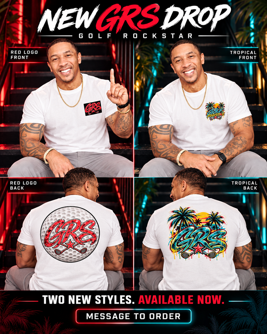 New GRS drop: model wearing the two GRS Golf Rockstar tee styles, front and back