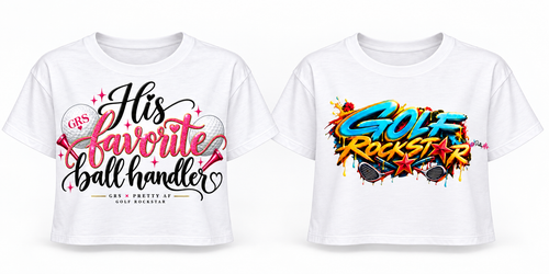 GRS women's white crop tops in His Favorite Ball Handler and Golf Rockstar graffiti designs