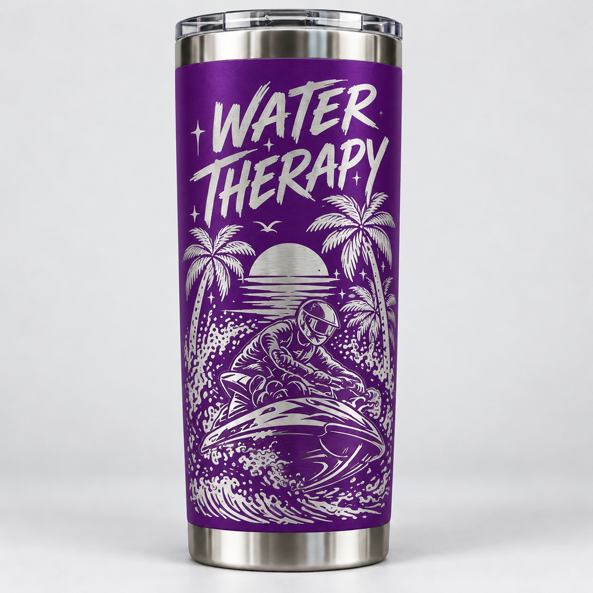 Water Therapy laser-engraved jet ski tumbler in purple with palm trees, sunset and jet ski rider