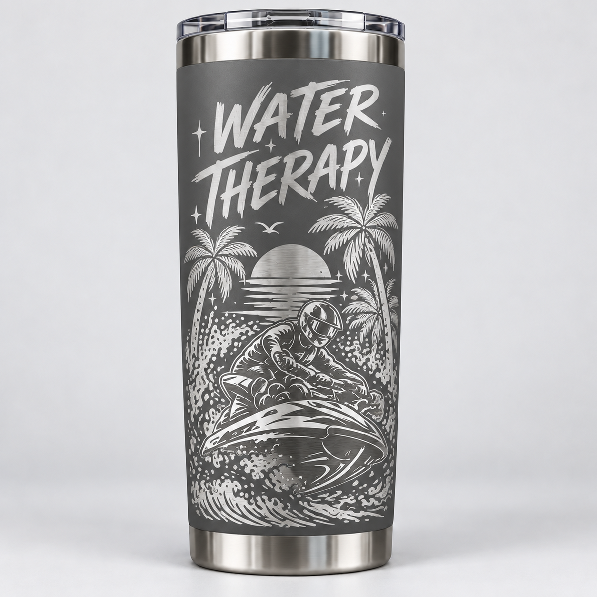 Water Therapy laser-engraved jet ski tumbler in gray with palm trees, sunset and jet ski rider
