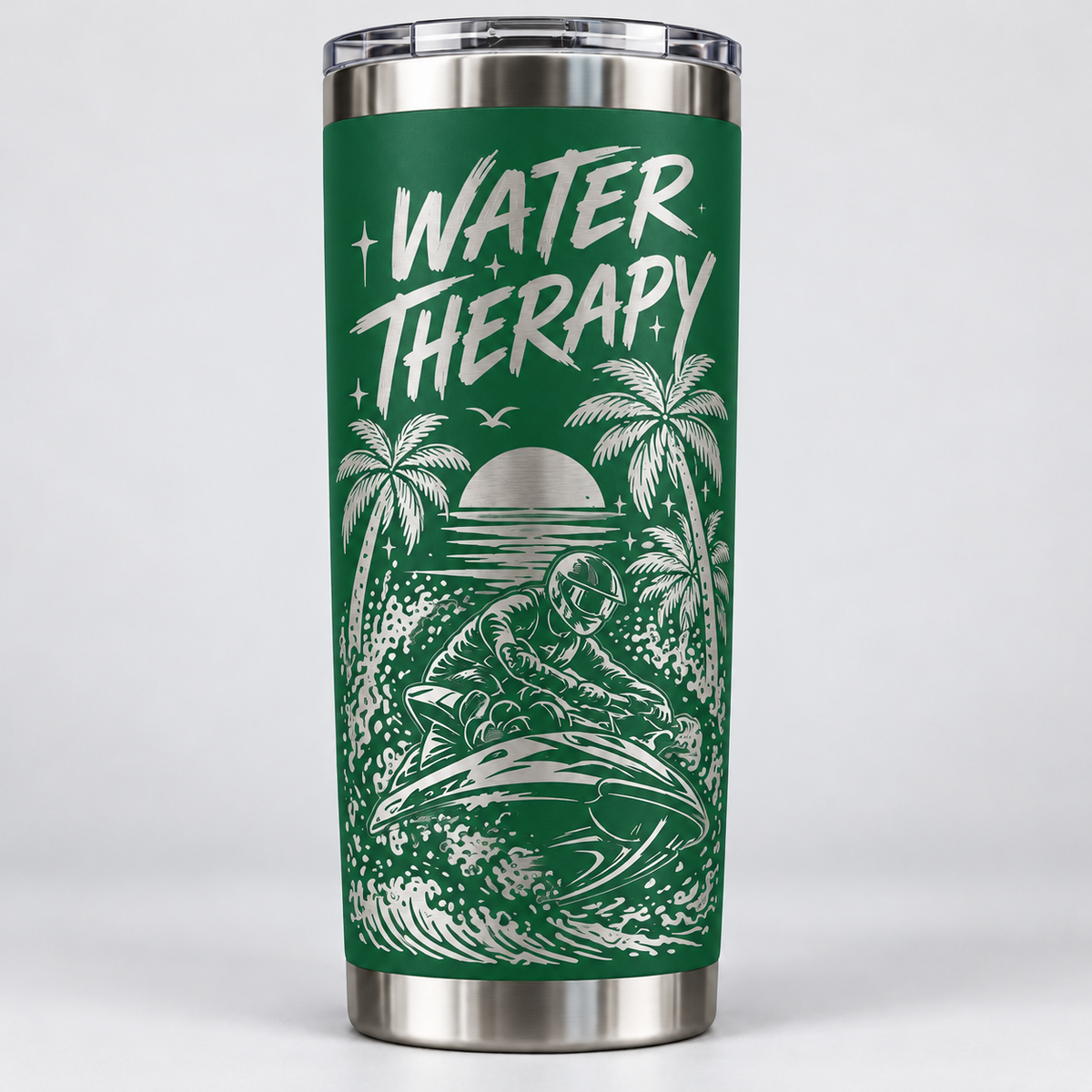 Water Therapy laser-engraved jet ski tumbler in green with palm trees, sunset and jet ski rider
