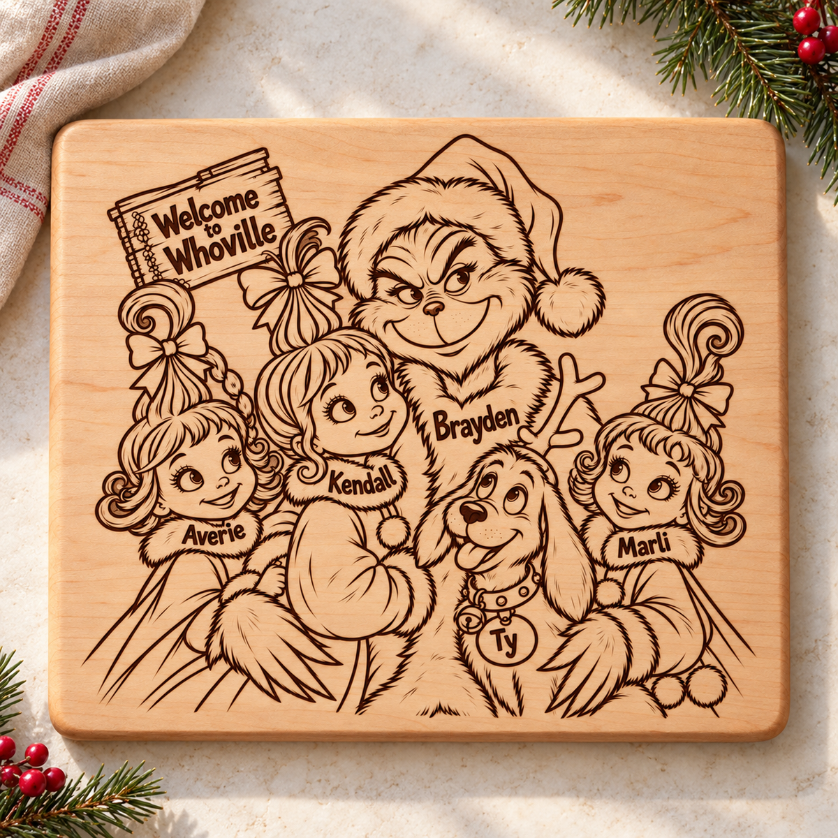 Personalized Whoville family names engraved cutting board