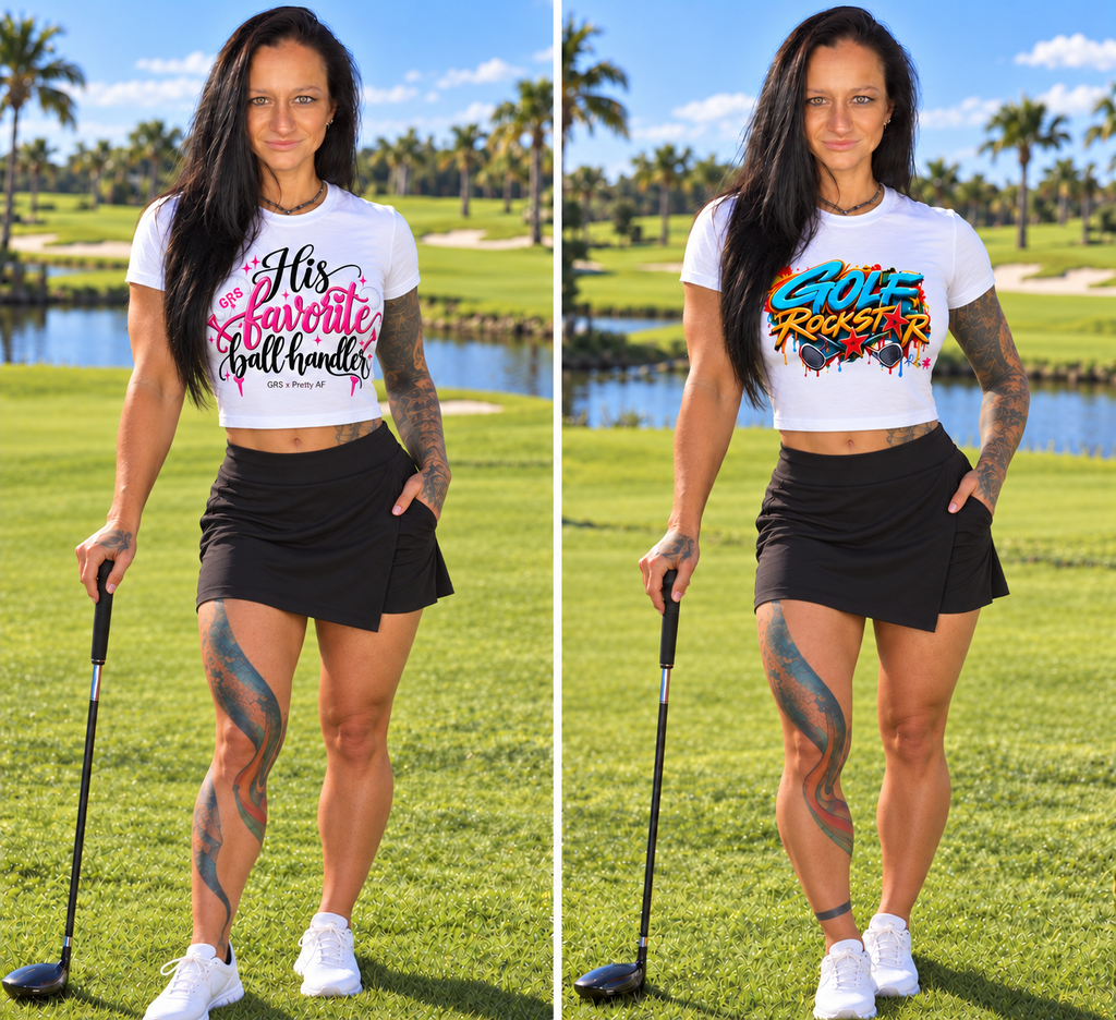 Woman on a golf course wearing the GRS white crop tops in His Favorite Ball Handler and Golf Rockstar designs