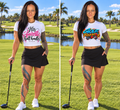 Woman on a golf course wearing the GRS white crop tops in His Favorite Ball Handler and Golf Rockstar designs