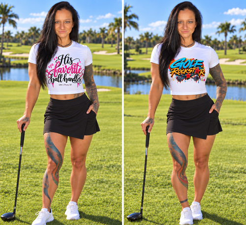 Woman on a golf course wearing the GRS white crop tops in His Favorite Ball Handler and Golf Rockstar designs