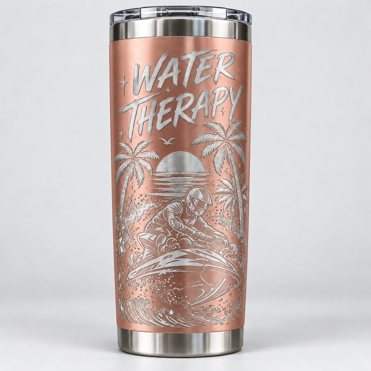 Water Therapy laser-engraved jet ski tumbler in rose gold with palm trees, sunset and jet ski rider